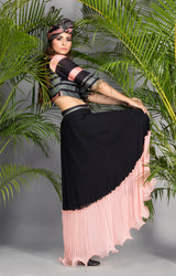 Pink and grey Stripe Crop Top with Black Skirt-Indo Western-Pallavi Jaipur