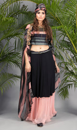 Pink and grey Stripe Crop Top with Black Skirt-Indo Western-Pallavi Jaipur