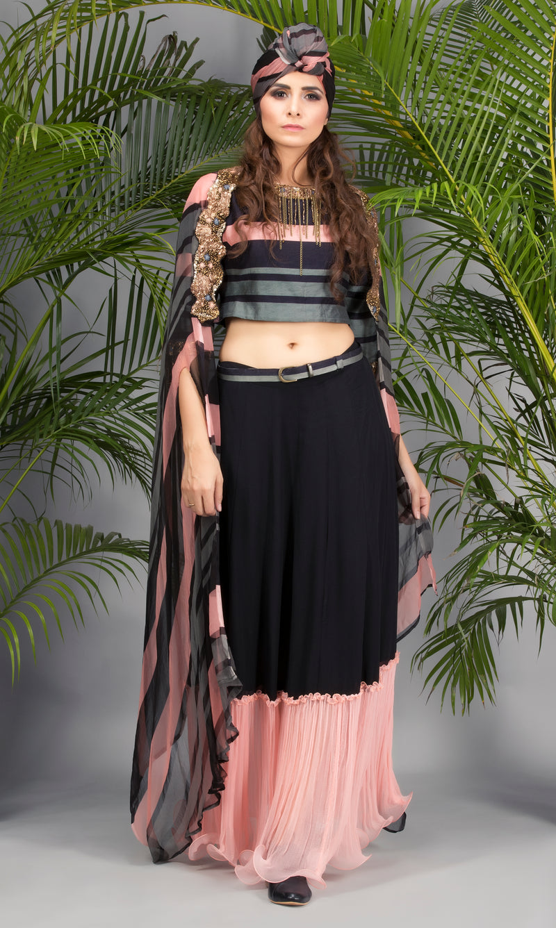 Pink and grey Stripe Crop Top with Black Skirt-Indo Western-Pallavi Jaipur