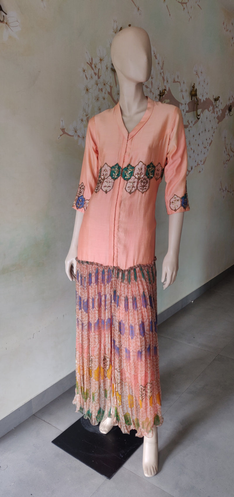 Peach printed tunic set