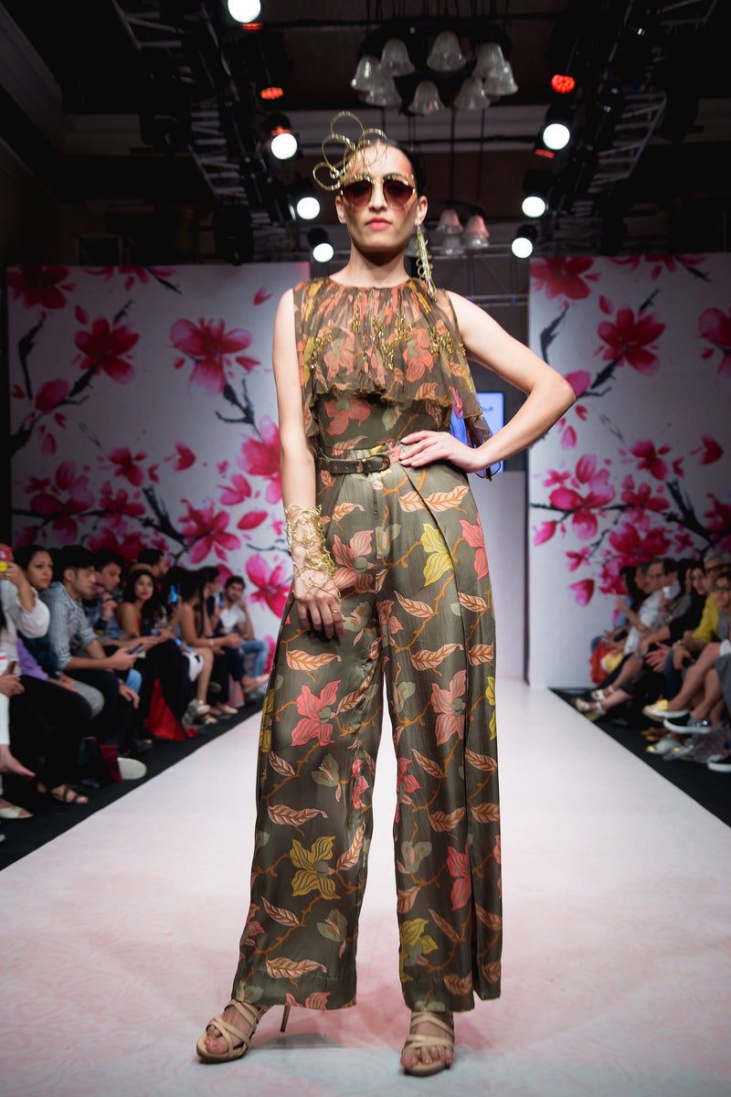 Dark Green Jumpsuit with Jacket and Belt-Indo Western-Pallavi Jaipur
