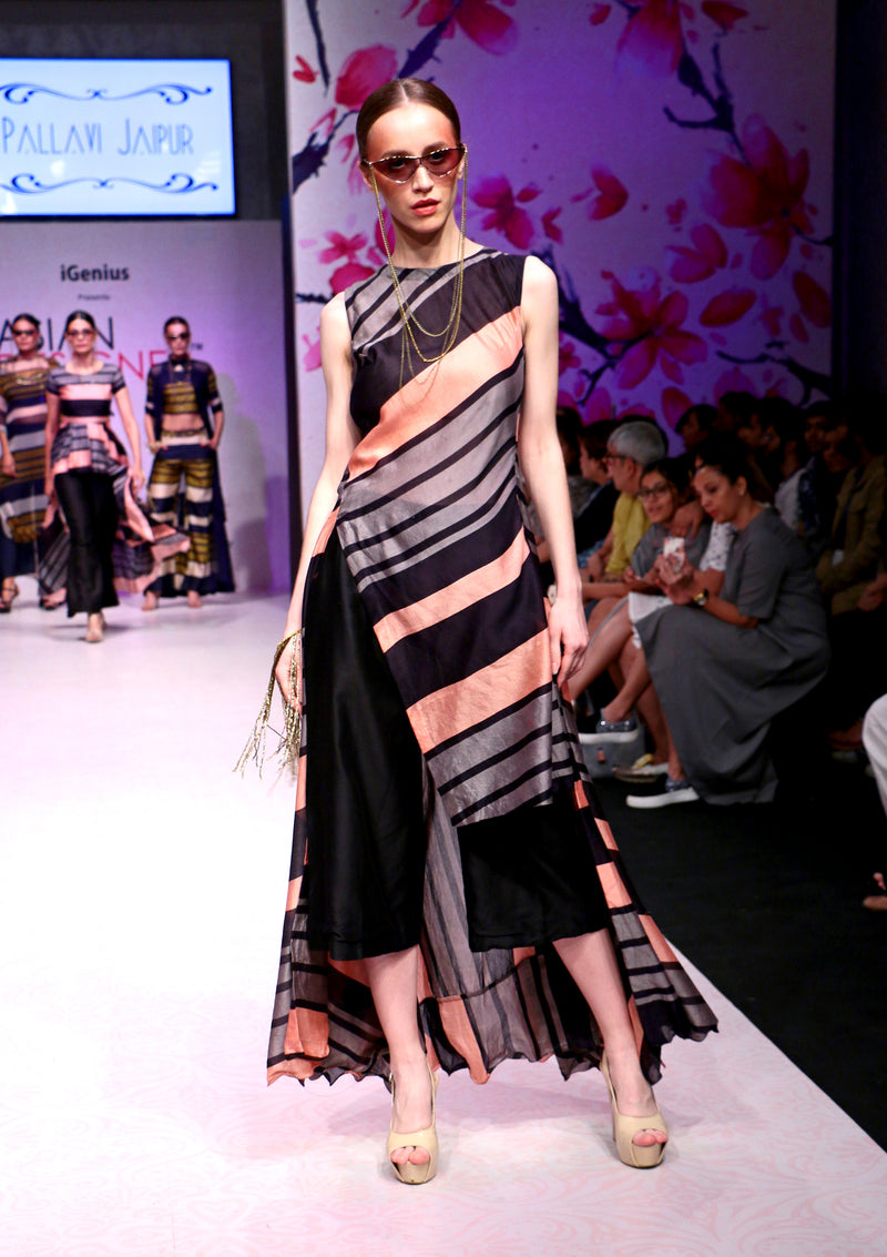 Pink and Grey Striped Kurta with Black Culottes-Indo Western-Pallavi Jaipur