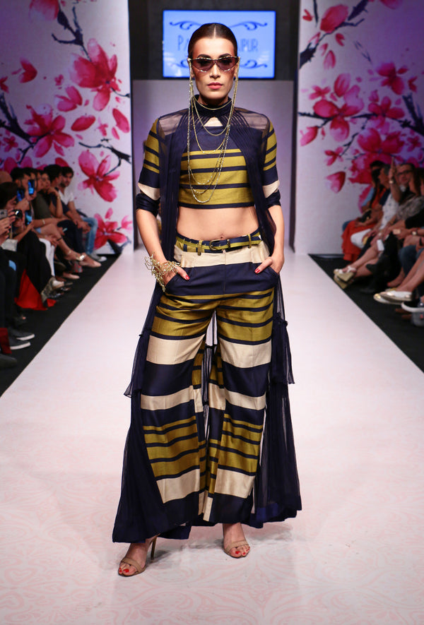 Olive Navy Stripe Crop Top with Pants and Cape-Indo Western-Pallavi Jaipur