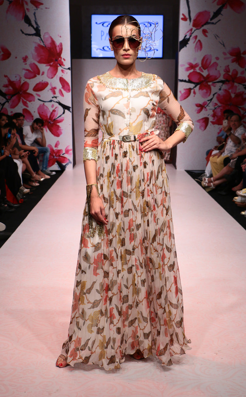 Ivory Chiffon Maxi Dress with Belt-Indo Western-Pallavi Jaipur
