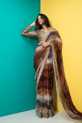 Brown Printed Saree with Belt-Indian wear-Pallavi Jaipur