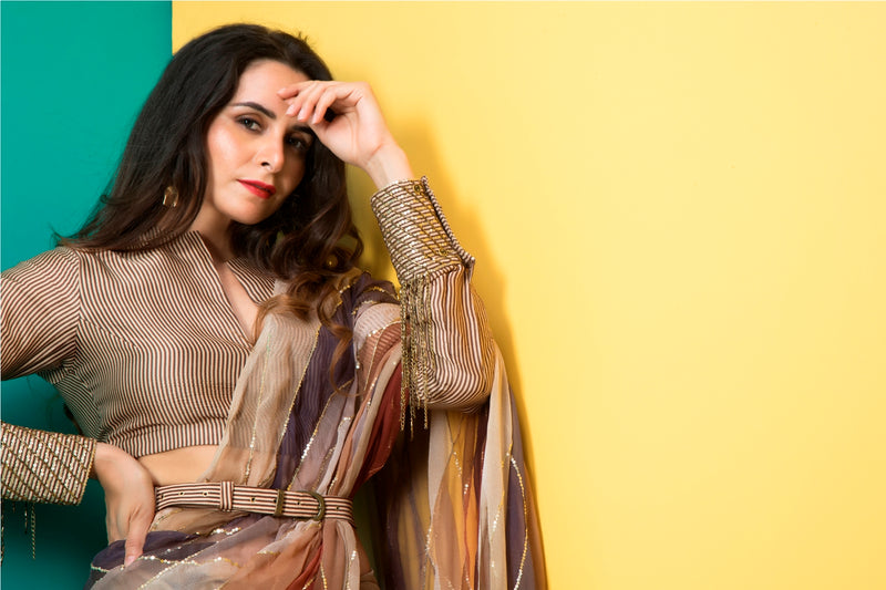 Brown Printed Saree with Belt