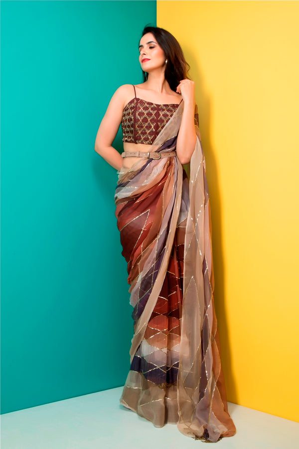 Brown Printed Saree and Corset with Belt