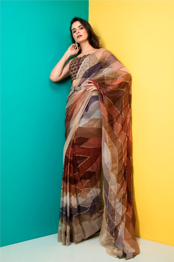 Brown Printed Saree and Corset with Belt
