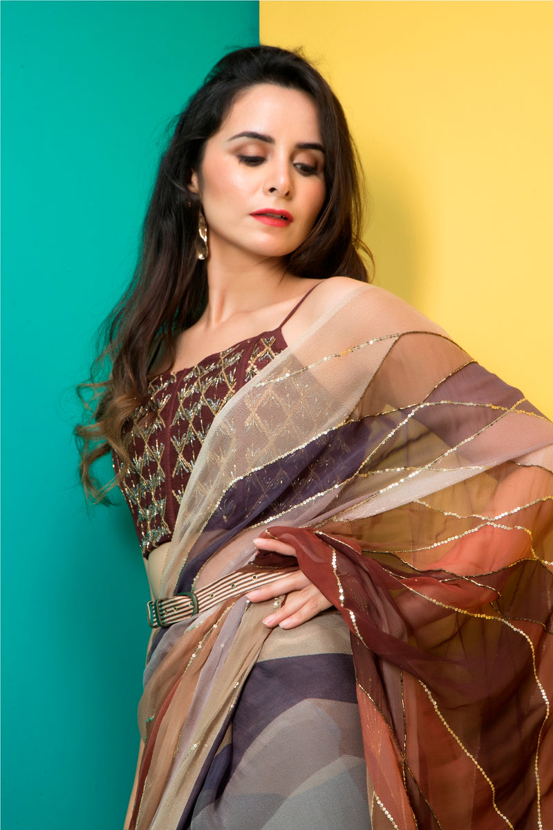 Brown Printed Saree and Corset with Belt