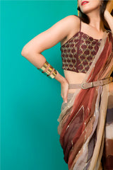Brown Printed Saree and Corset with Belt