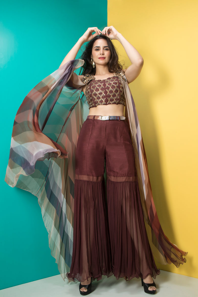 Brown Embroidered Corset,Sharara and Cape Set-Indo Western-Pallavi Jaipur