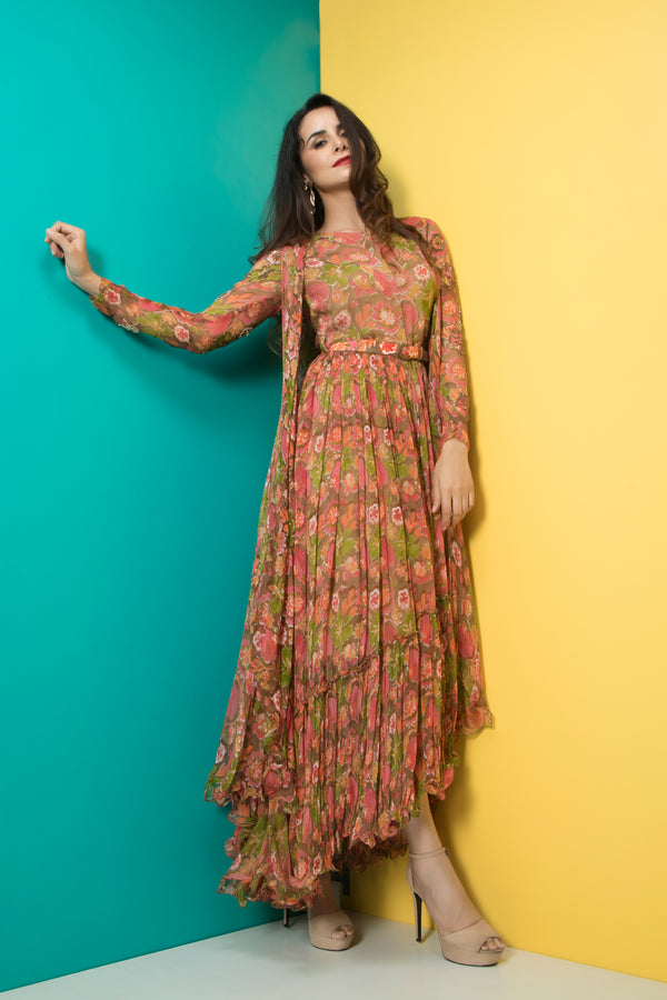 Midi Dress with Cape and Belt-Indo Western-Pallavi Jaipur