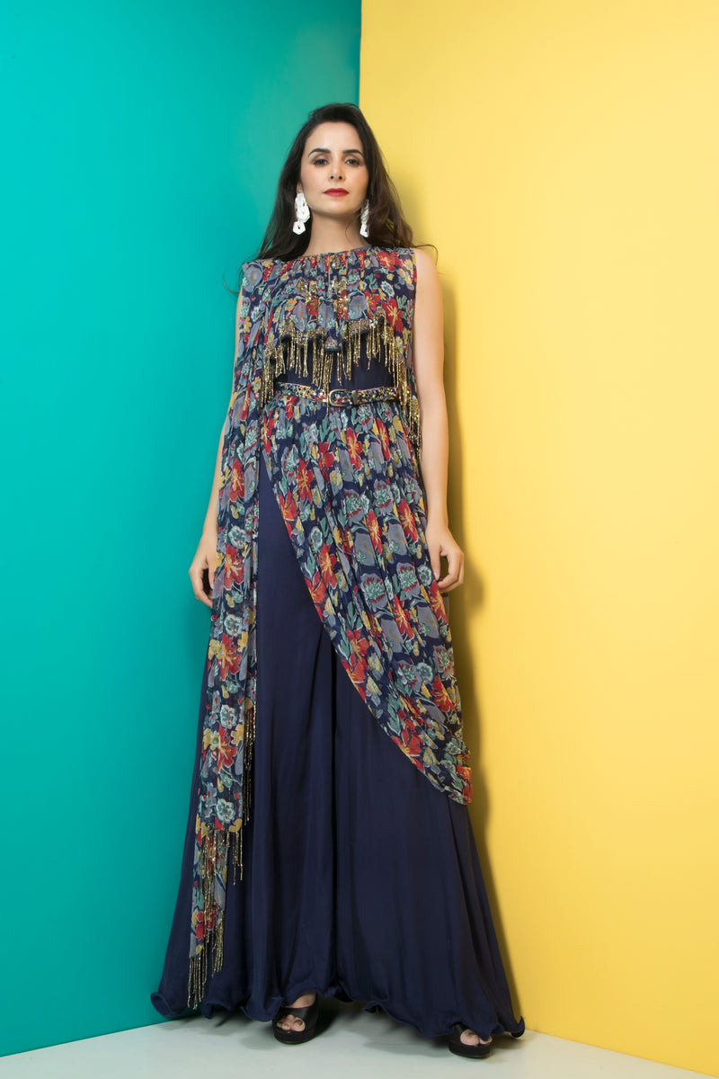 Navy Blue Jumpsuit Saree with Belt-Indo Western-Pallavi Jaipur