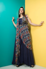 Navy Blue Jumpsuit Saree with Belt-Indo Western-Pallavi Jaipur