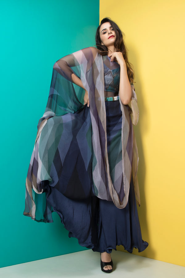 Navy off shoulder saree drape dress-Indo Western-Pallavi Jaipur