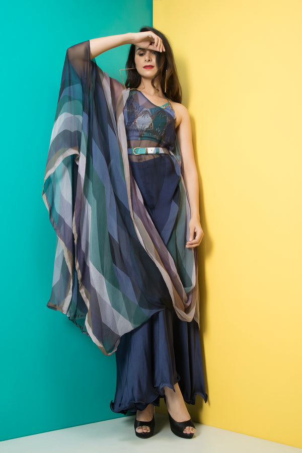 Navy off shoulder saree drape dress-Indo Western-Pallavi Jaipur