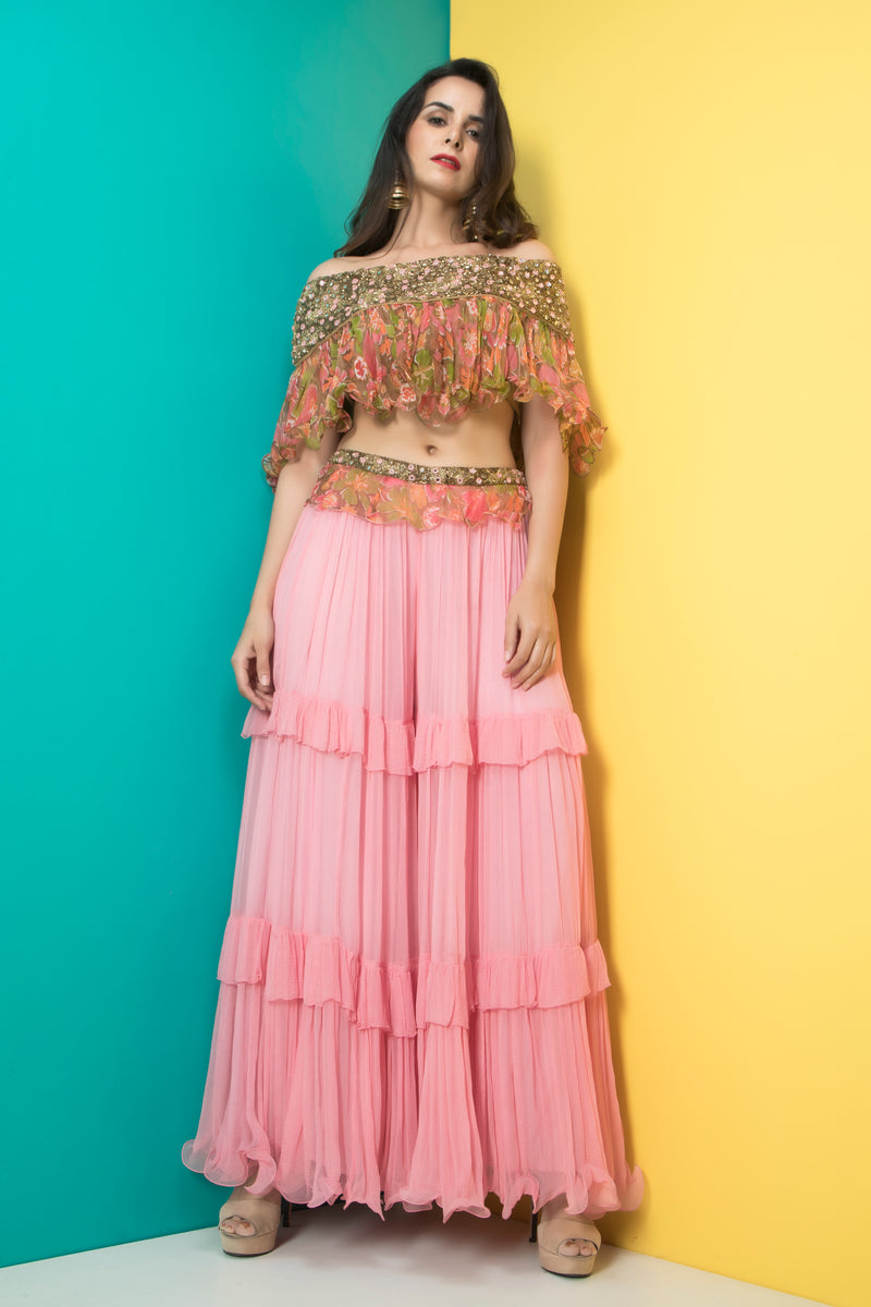 Pink sharara pants with off shoulder top-Indo Western-Pallavi Jaipur