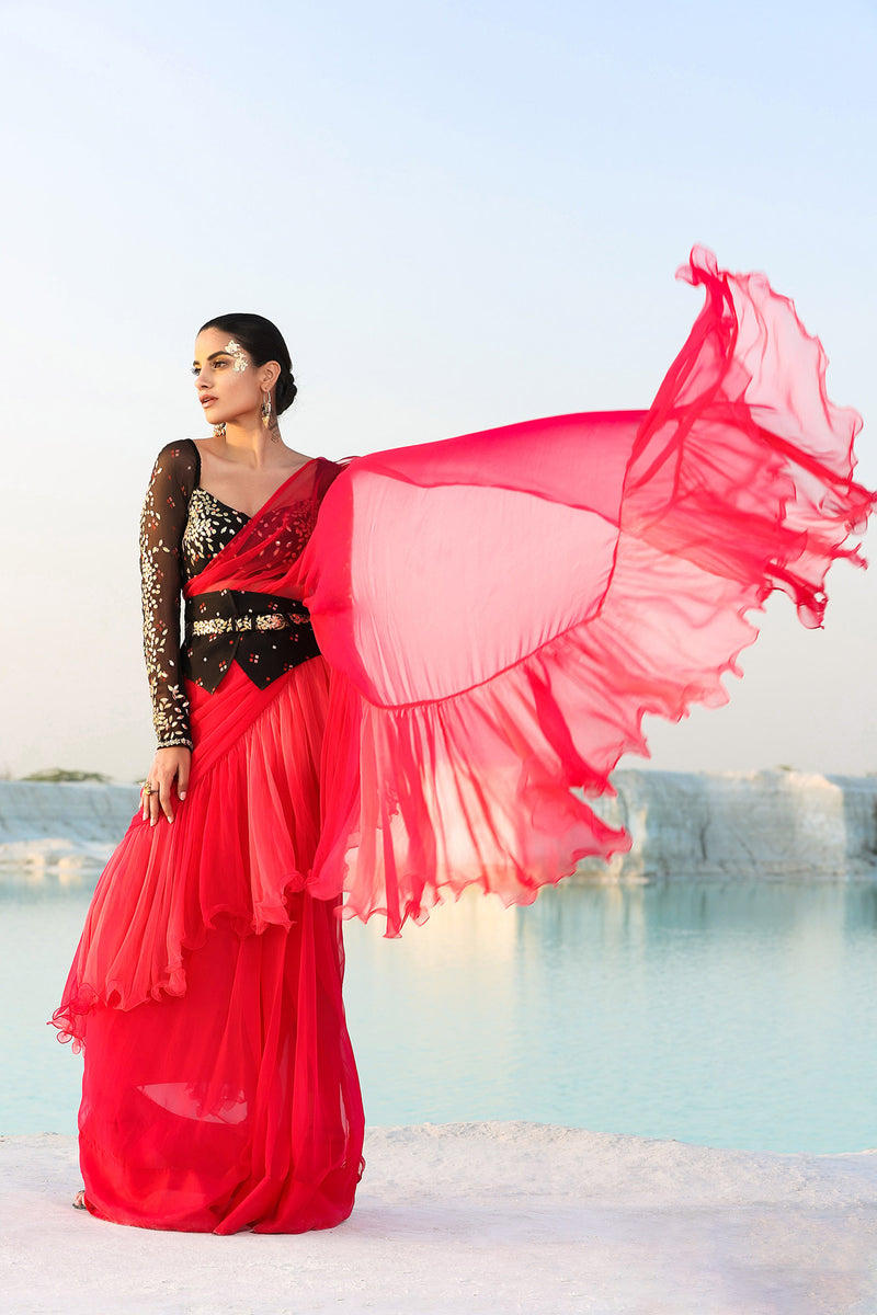 Ameera Romantic Red Ruffle Saree With Black Magic Blouse & Corset Belt Set