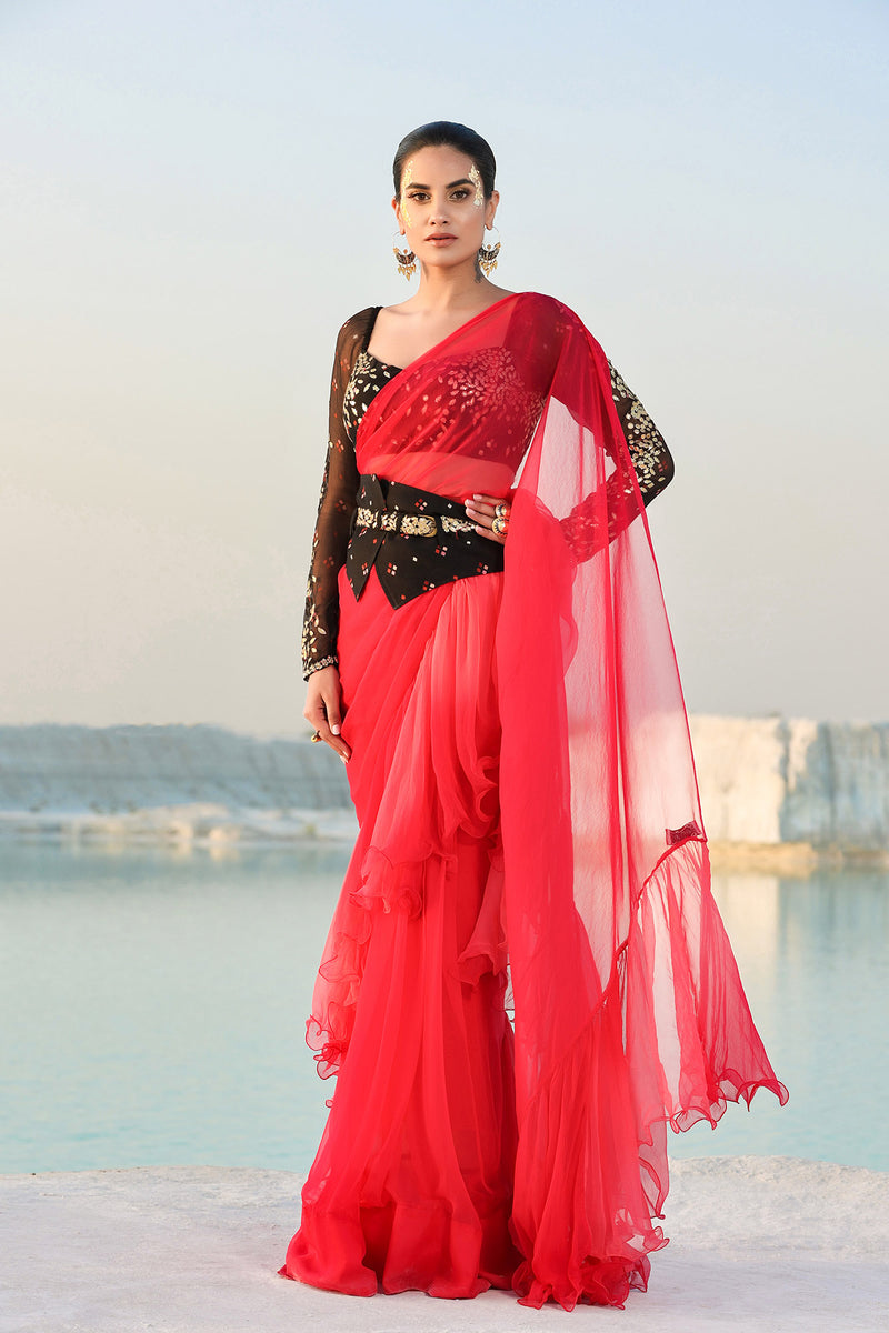 Ameera Romantic Red Ruffle Saree With Black Magic Blouse & Corset Belt Set