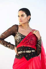 Ameera Romantic Red Ruffle Saree With Black Magic Blouse & Corset Belt Set