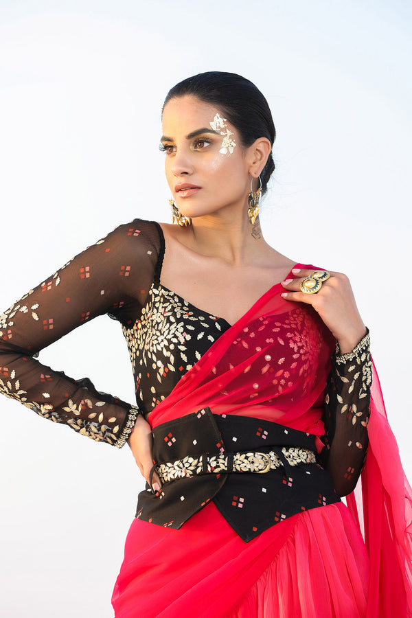 Ameera Romantic Red Ruffle Saree With Black Magic Blouse & Corset Belt Set