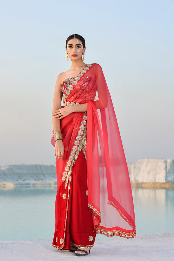 Ameera Rasp-Red Fusion Saree With Sitara Corset Set