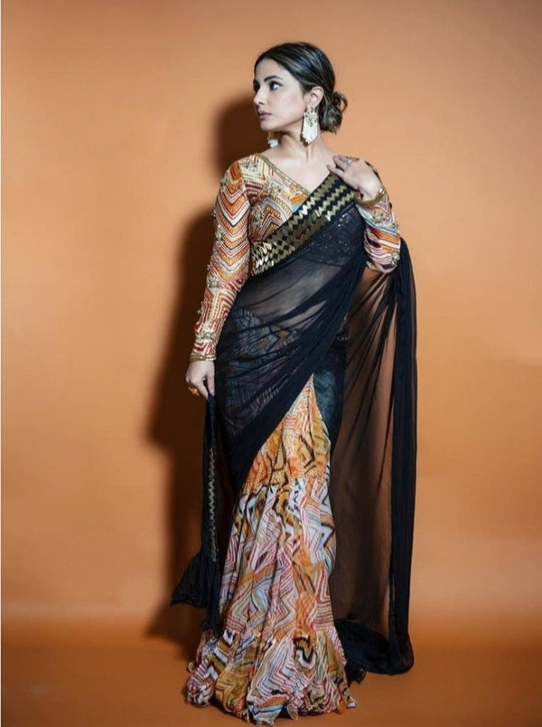 Mustard leheriya saree with embroidered palla and blouse