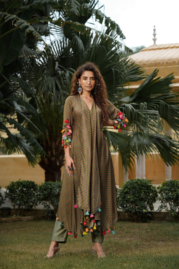 Trevron Sage Green kurta with Rangeen Dhaagey