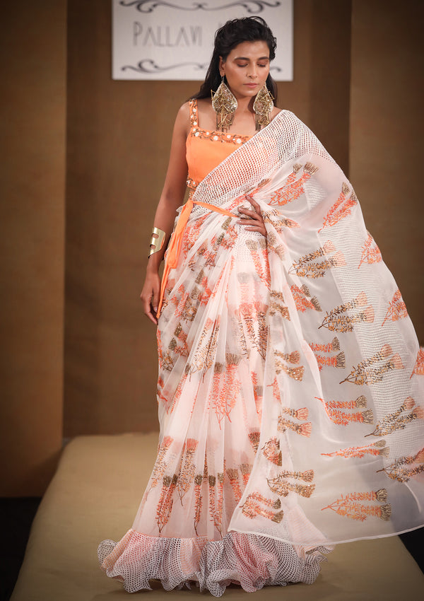 Haseen Almond Peach ruffle saree with Manohar blouse