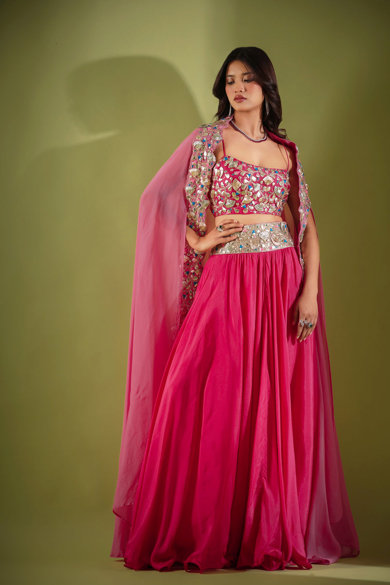 Haseena pankhi gota lehenga cape set in rouge pink