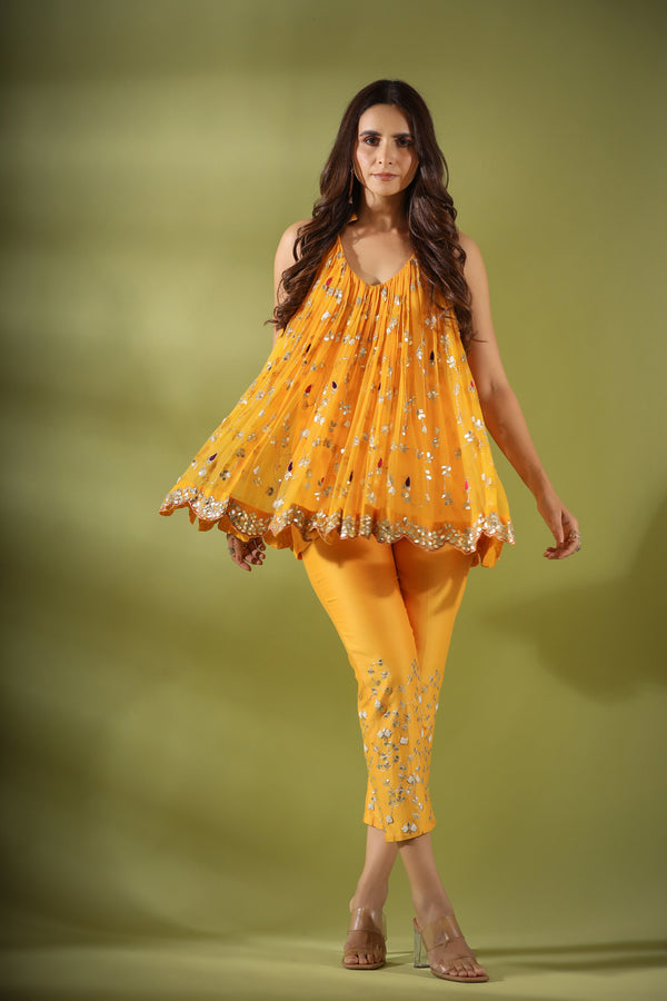 Haseena phool jaal gota patti tunic pants co-ord set in mnago yellow