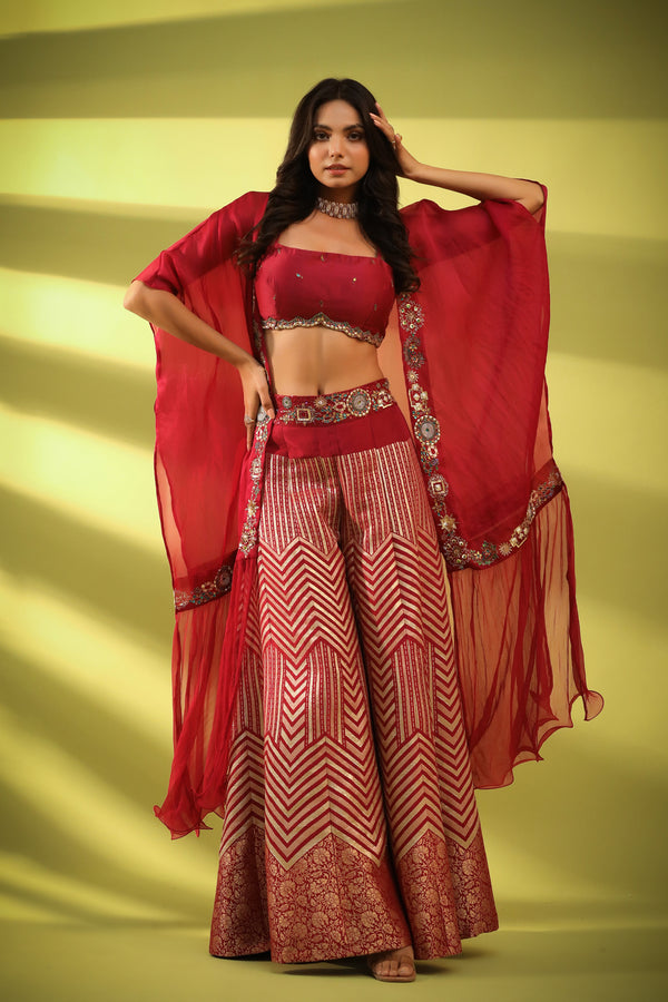Haseena beetroot cape & banarsi sharara set