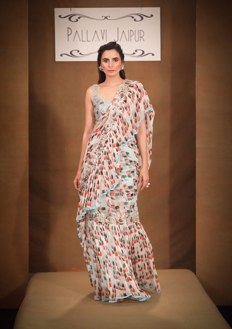 Laila off white ruffle saree disco blouse set