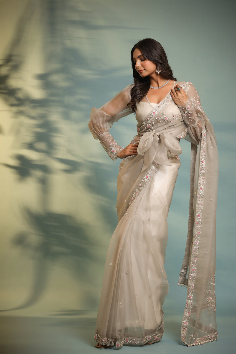 Haseena frost grey ruffle saree & wrap blouse set