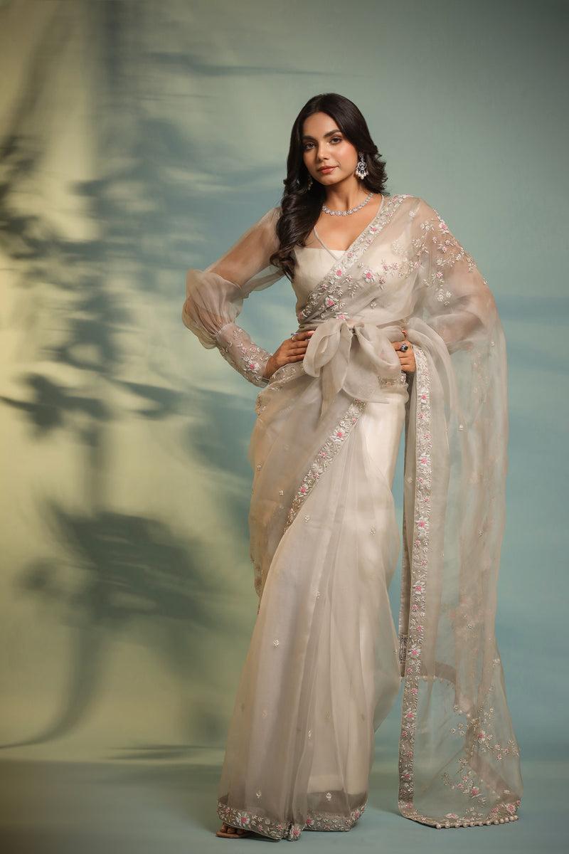 Haseena frost grey ruffle saree & wrap blouse set