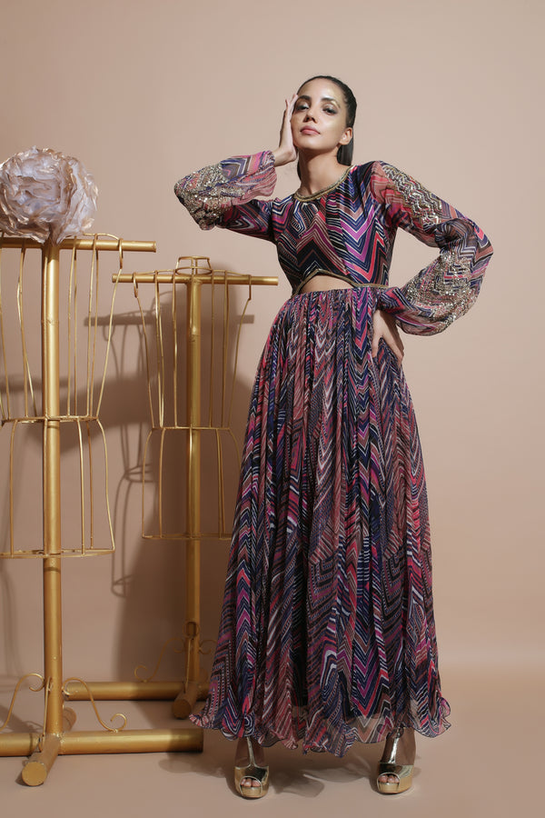 Navy leheriya waist cut out long dress