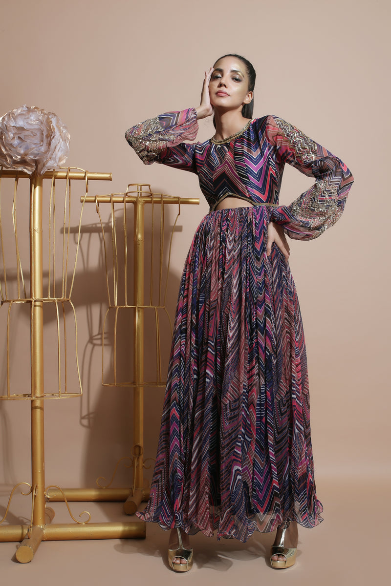 Navy leheriya waist cut out long dress