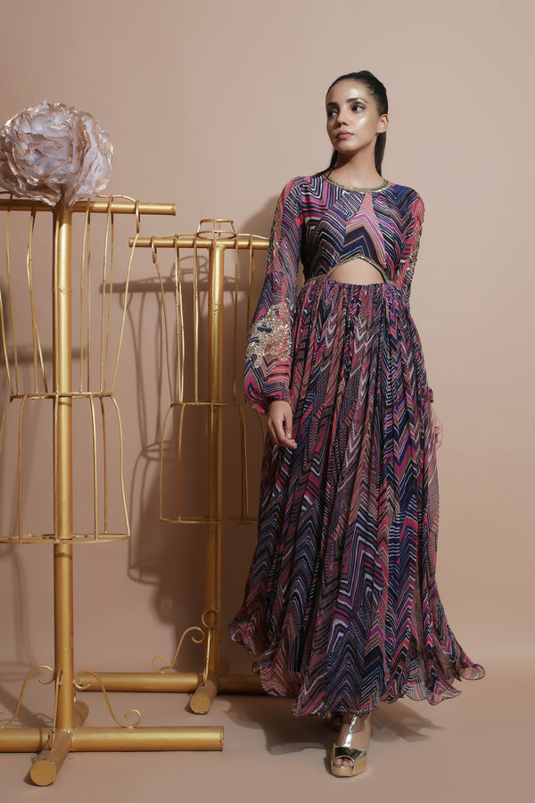 Navy leheriya waist cut out long dress