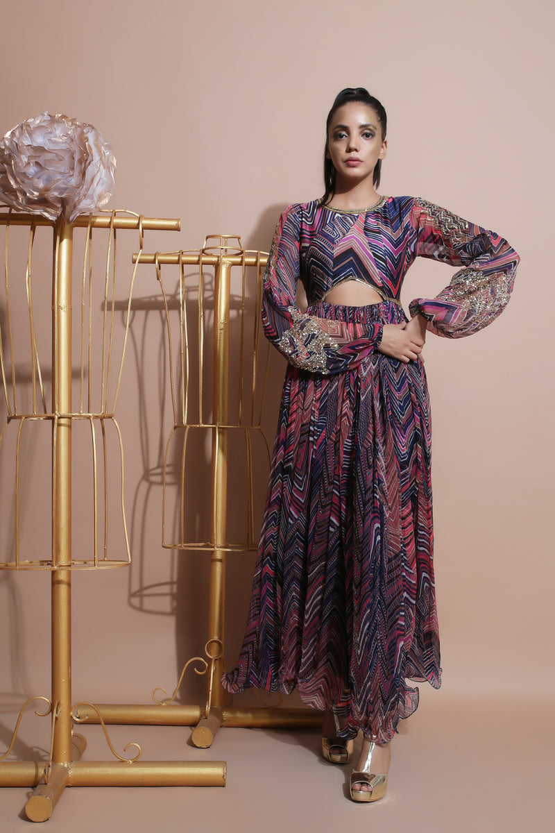 Navy leheriya waist cut out long dress
