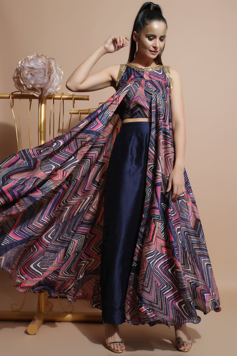 Navy leheriya crop top and culottes set