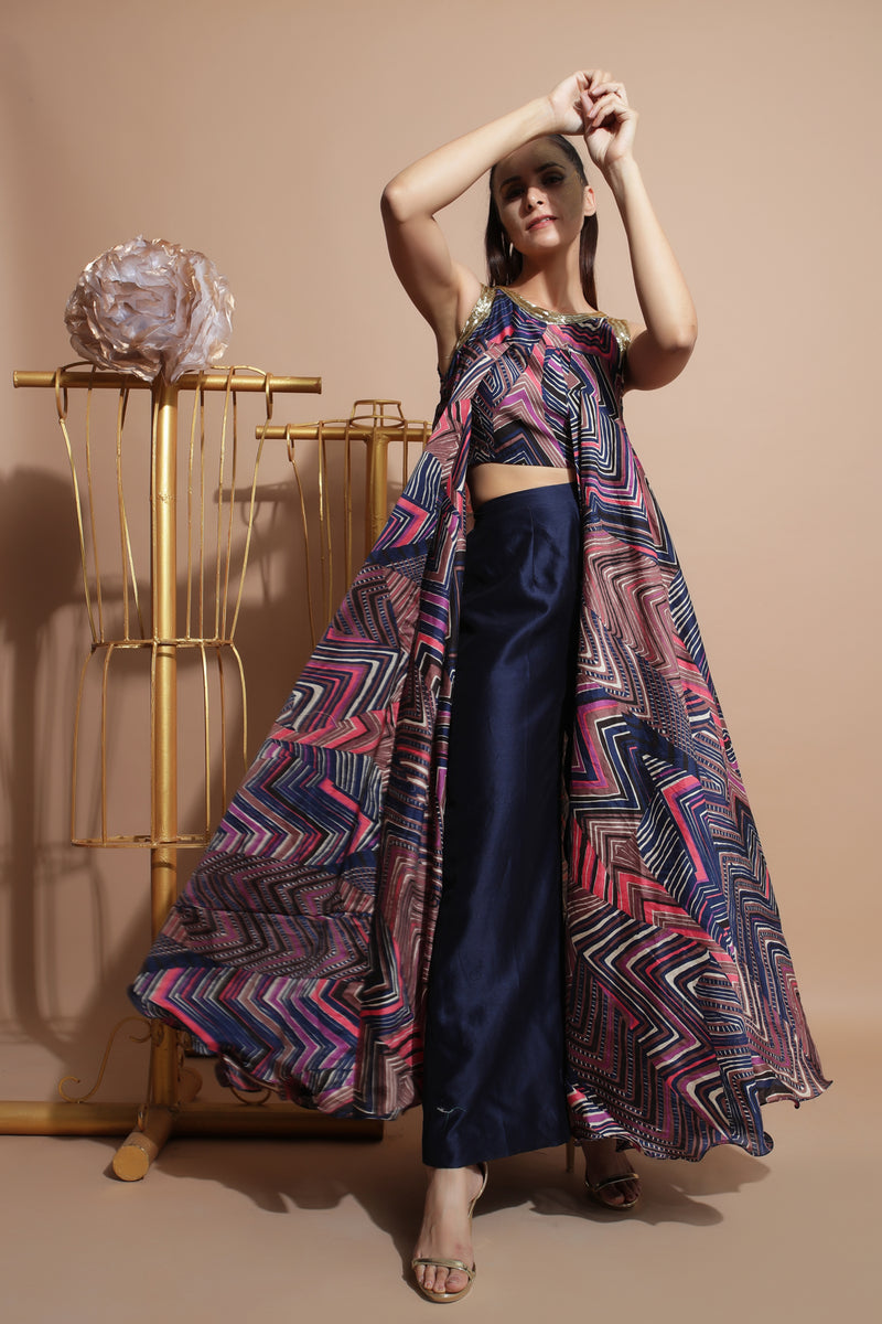Navy leheriya crop top and culottes set