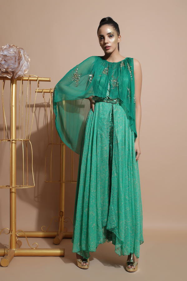 Green Splash Jumpsuit with Cape and Belt-Indo Western-Pallavi Jaipur