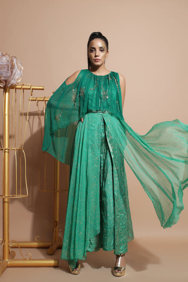 Green Splash Jumpsuit with Cape and Belt-Indo Western-Pallavi Jaipur