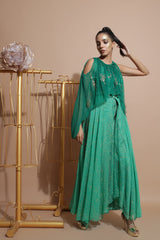 Green Splash Jumpsuit with Cape and Belt-Indo Western-Pallavi Jaipur