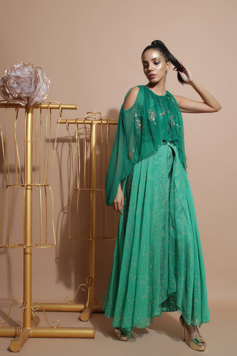 Green Splash Jumpsuit with Cape and Belt-Indo Western-Pallavi Jaipur