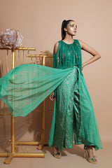 Green Splash Jumpsuit with Cape and Belt-Indo Western-Pallavi Jaipur