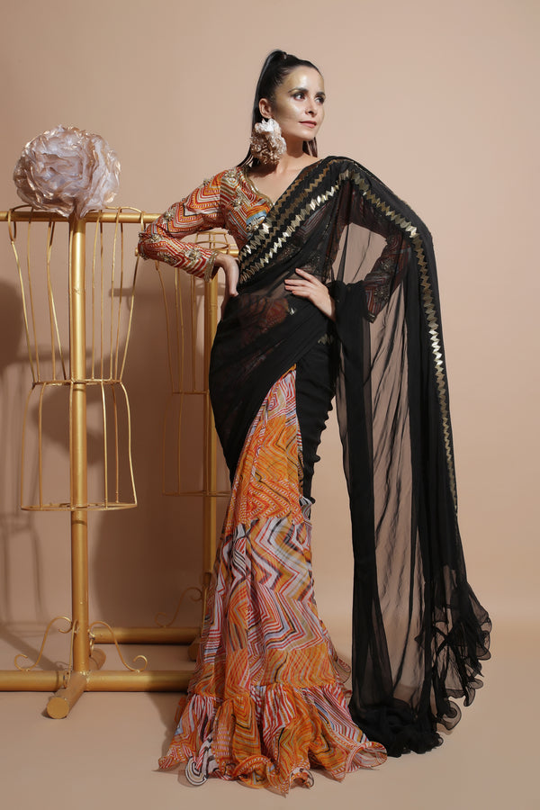 Mustard leheriya saree with embroidered palla and blouse