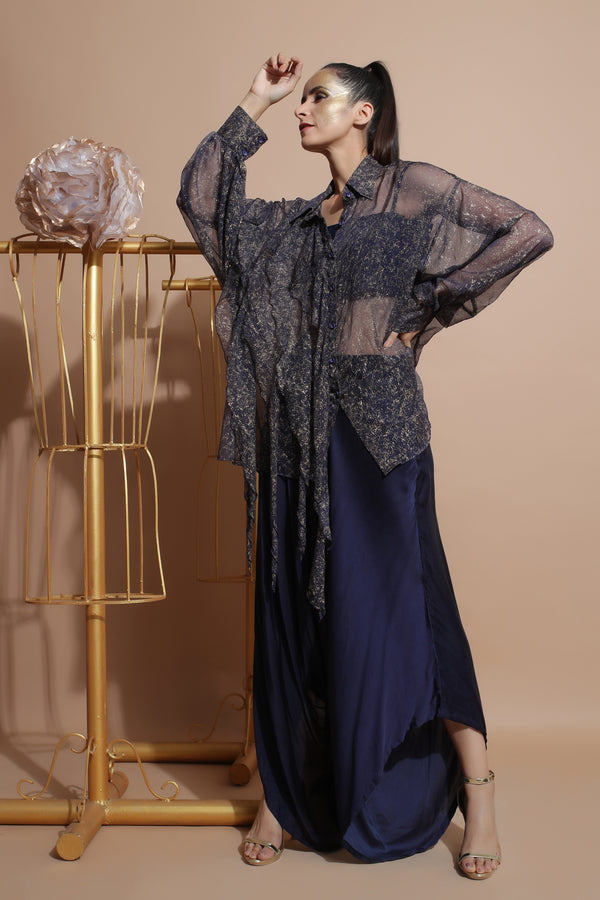 Navy shirt with tube and drape pants.-Indo Western-Pallavi Jaipur