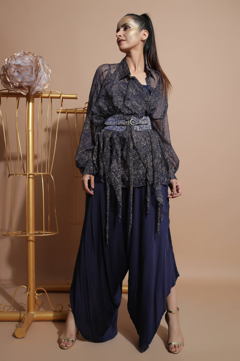 Navy Waterfall Shirt with Drape Pants-Indo Western-Pallavi Jaipur