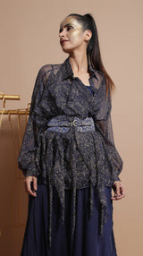 Navy splash waterfall shirt with tube and broad belt